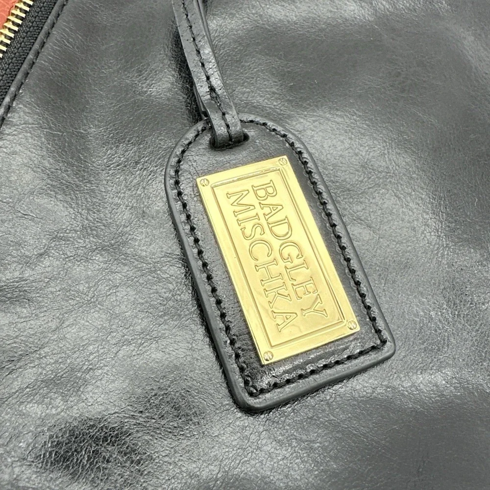 BADGLEY MISCHKA BLACK/COGNAC EXPANDABLE ZIPPER HANDBAG TOTE 16x14